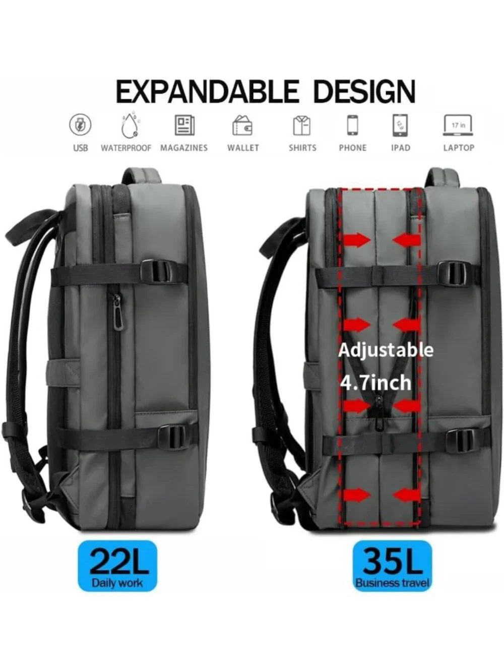 Expandable 35L Travel Backpack - Waterproof Carry-On, Gym & Laptop Daypack